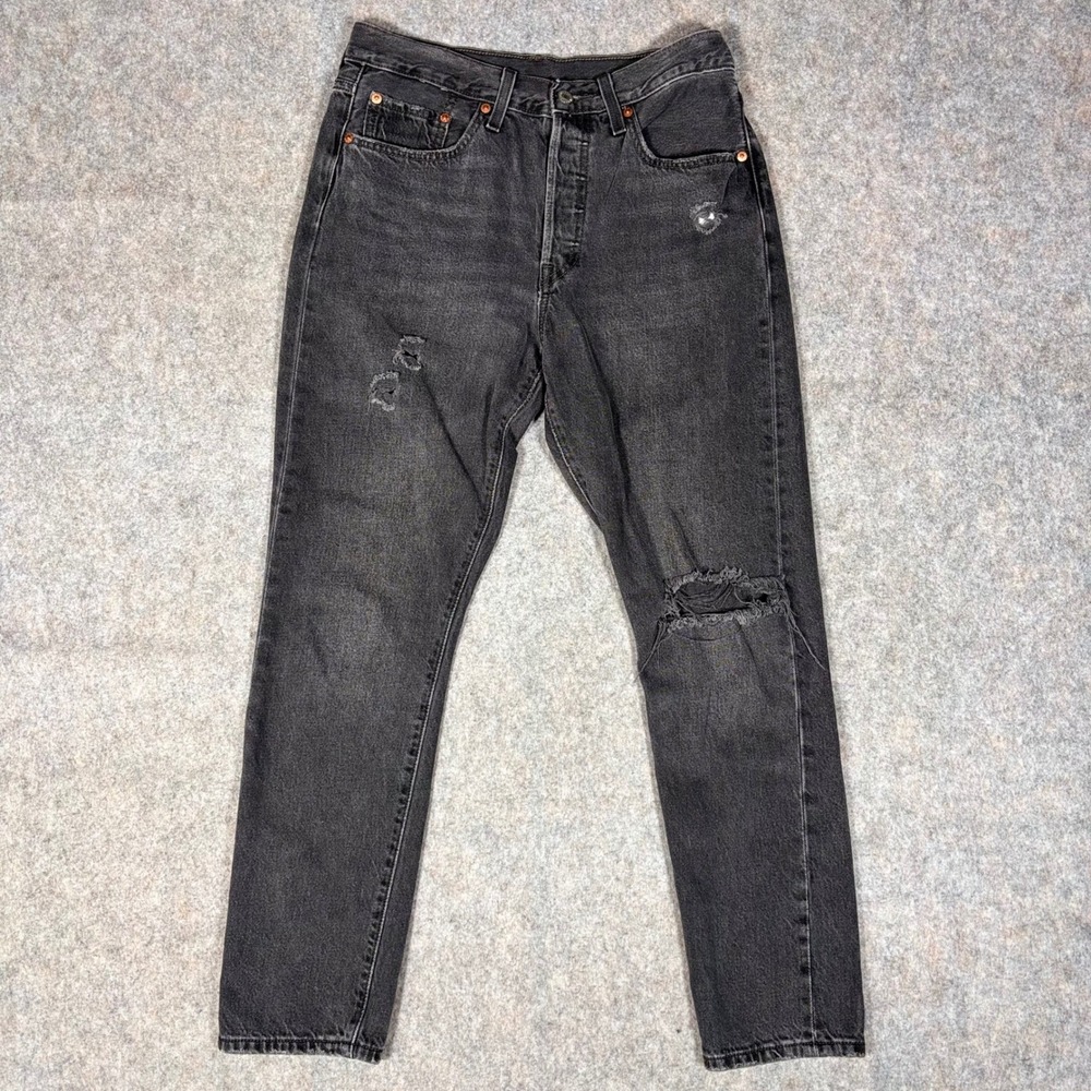 Levi's 501 Skinny Jeans Womens 28x28 Black Distressed Ripped Knees Button Fly